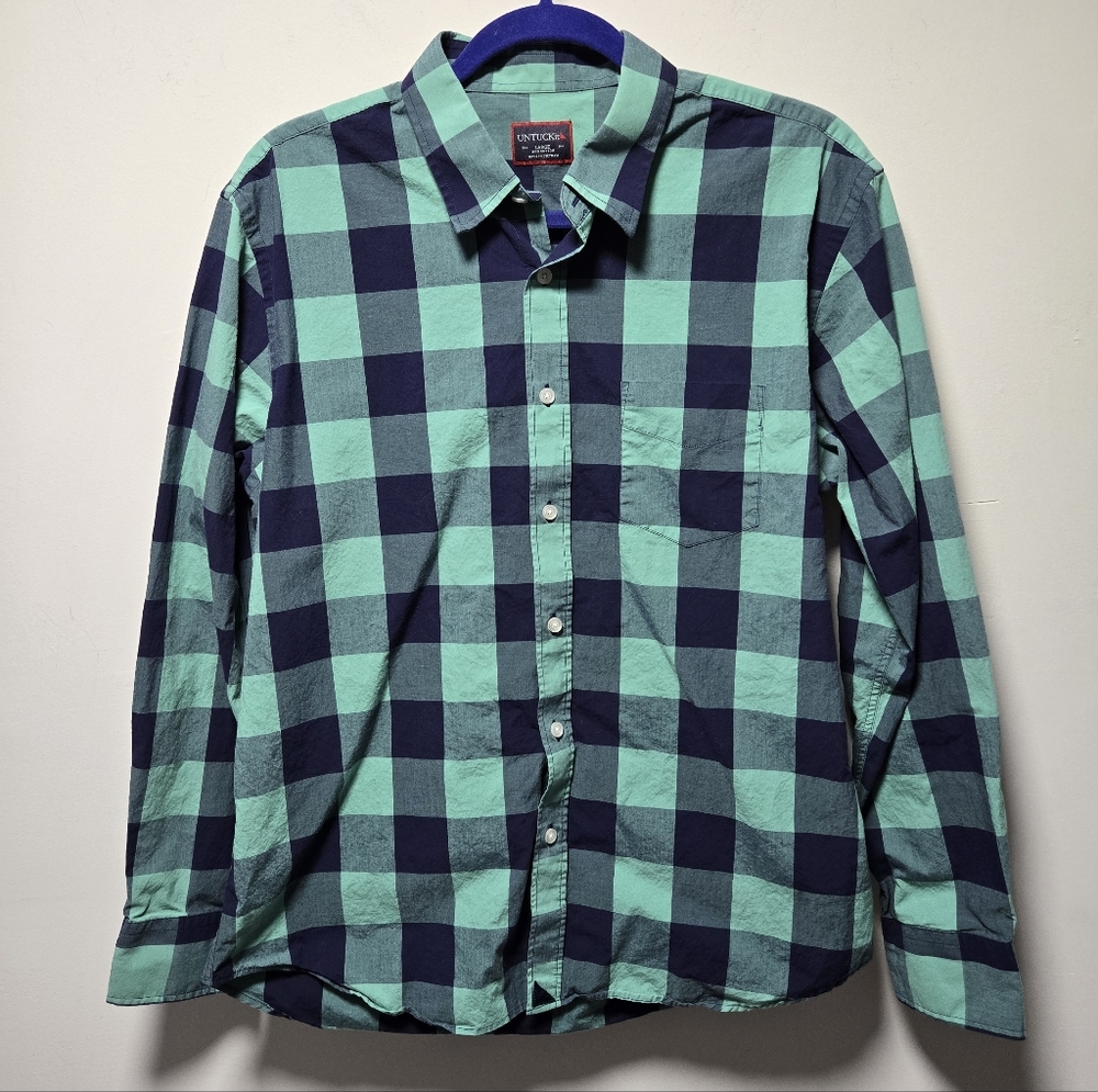 Untuckit Turquoise Blue Buffalo Plaid Long Sleeve Button-up Size Large Preppy